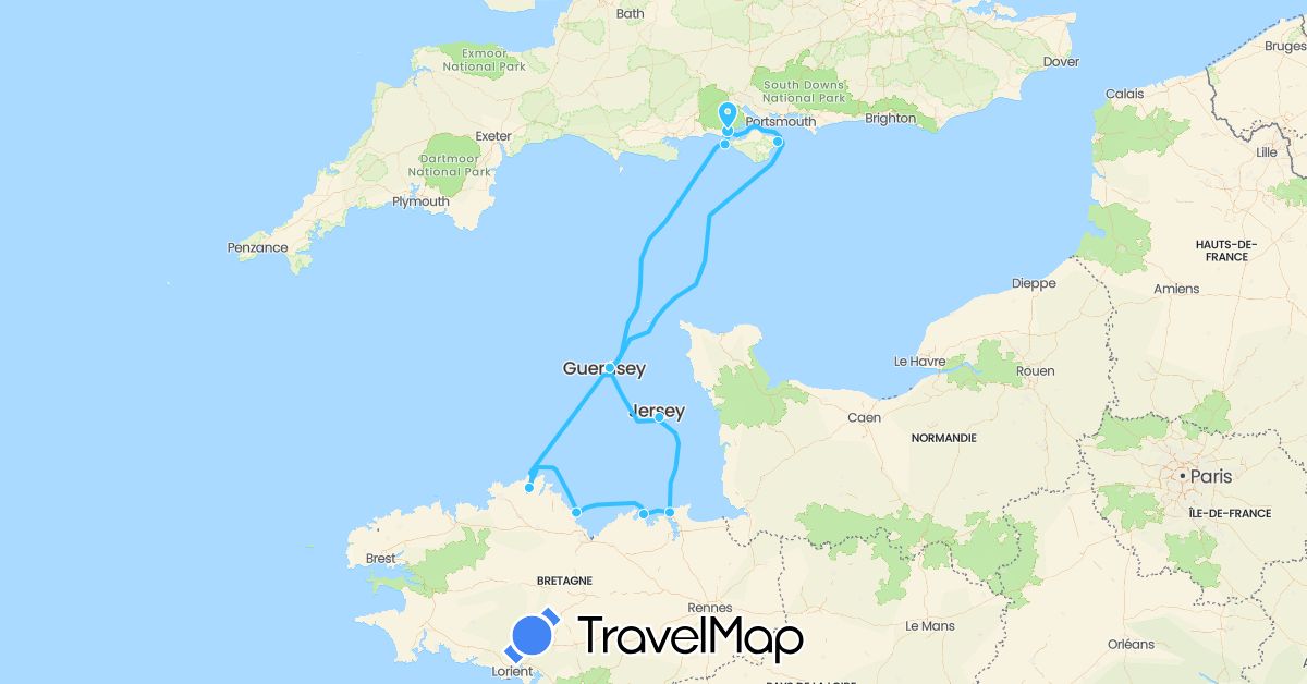 TravelMap itinerary: driving, boat in France, United Kingdom, Guernsey, Jersey (Europe)