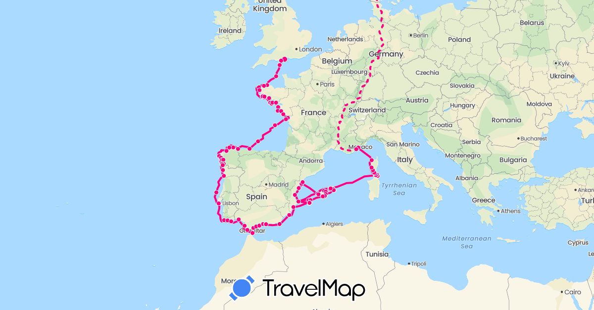 TravelMap itinerary: track in Denmark, Spain, France, United Kingdom, Guernsey, Italy, Morocco, Portugal (Africa, Europe)